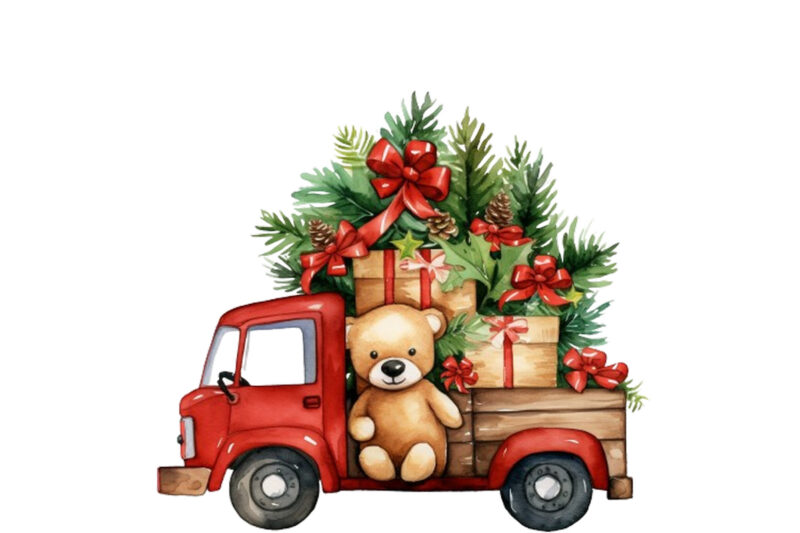 Watercolor Christmas truck with gift box Clipart