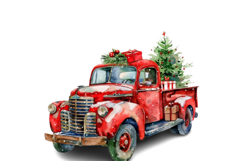 Watercolor Christmas truck with gift box Clipart