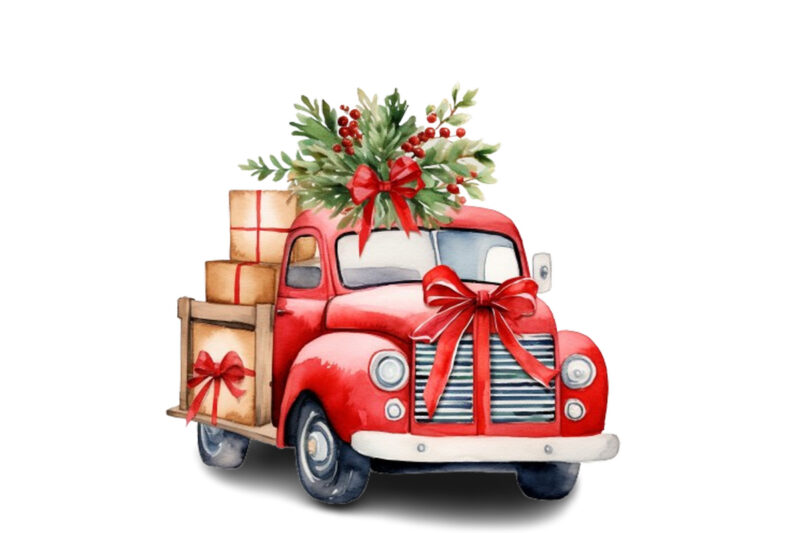 Watercolor Christmas truck with gift box Clipart