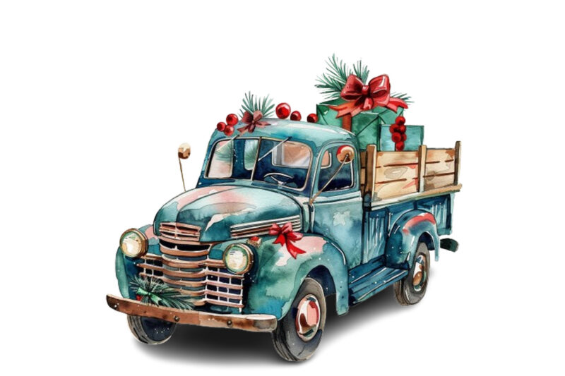 Watercolor Christmas truck with gift box Clipart