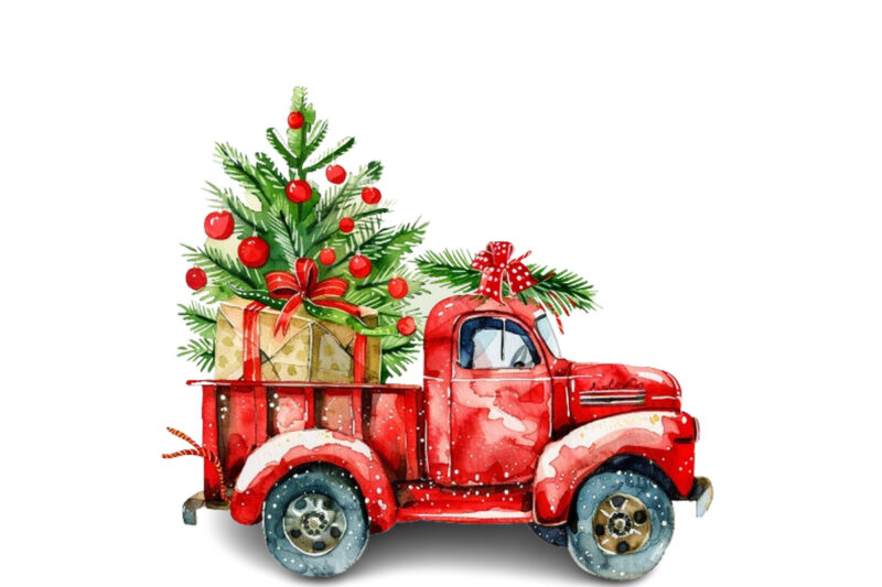 Watercolor Christmas truck with gift box Clipart