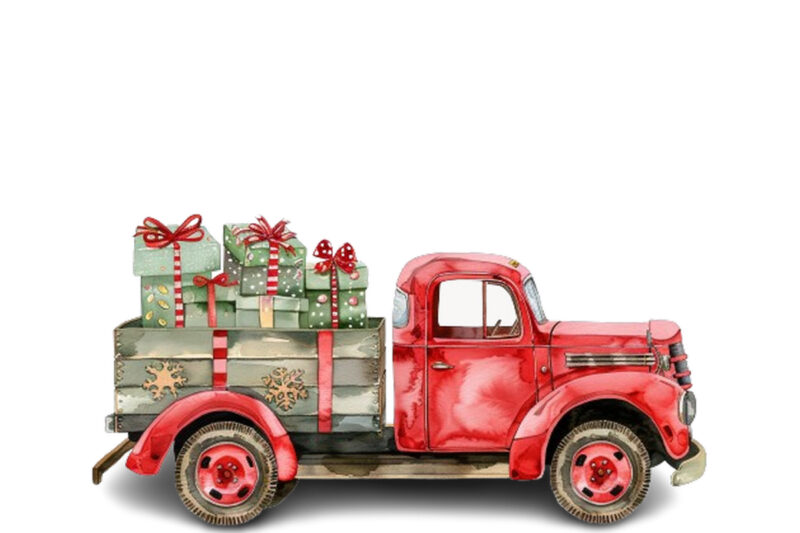 Watercolor Christmas truck with gift box Clipart