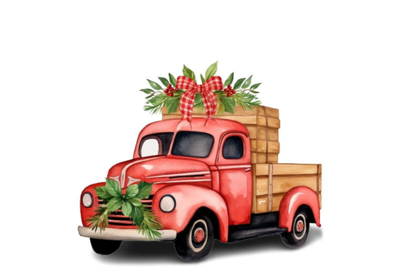 Watercolor Christmas truck with gift box Clipart