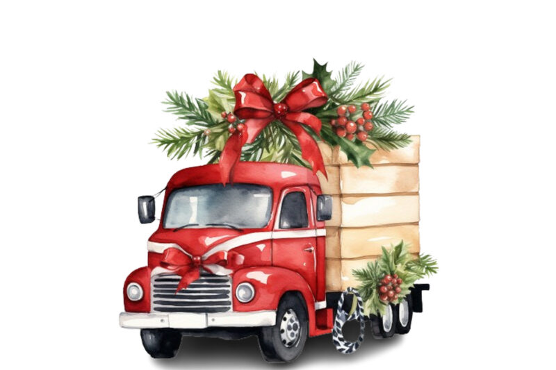 Watercolor Christmas truck with gift box Clipart