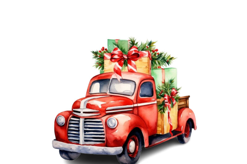 Watercolor Christmas truck with gift box Clipart