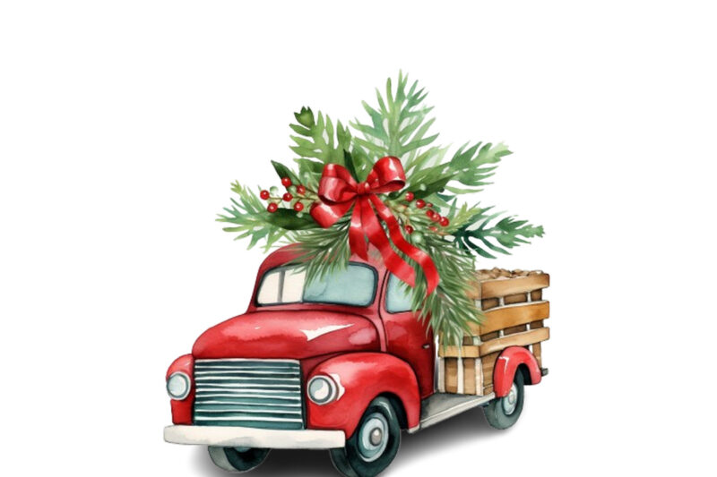 Watercolor Christmas truck with gift box Clipart