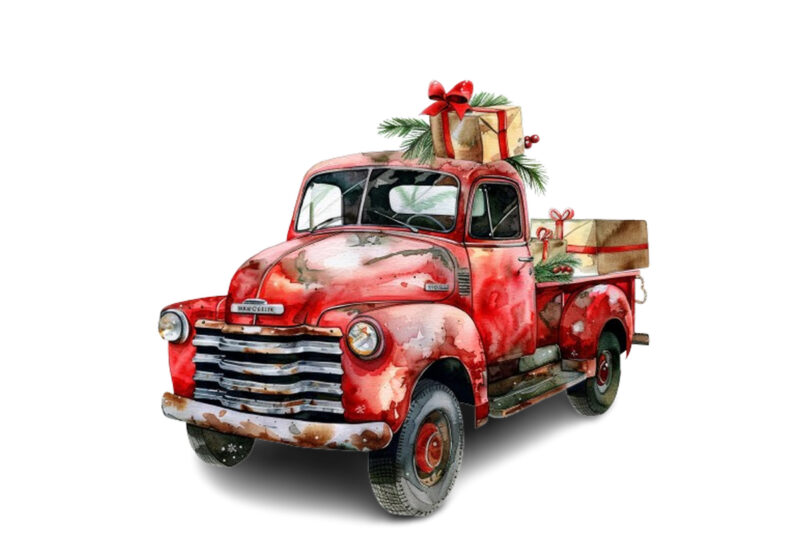 Watercolor Christmas truck with gift box Clipart