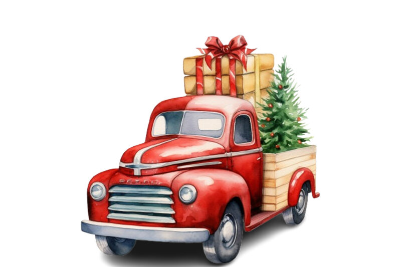 Watercolor Christmas truck with gift box Clipart