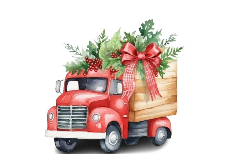 Watercolor Christmas truck with gift box Clipart