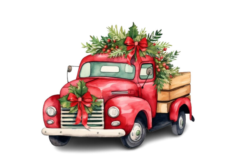 Watercolor Christmas truck with gift box Clipart