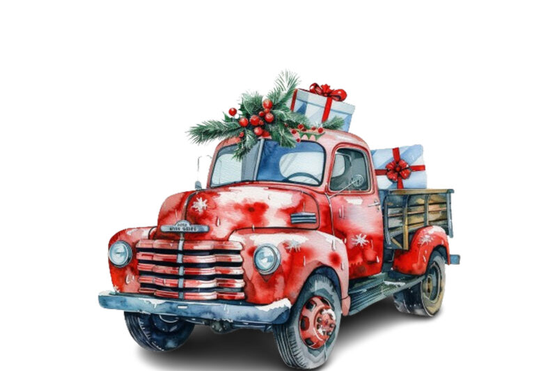 Watercolor Christmas truck with gift box Clipart