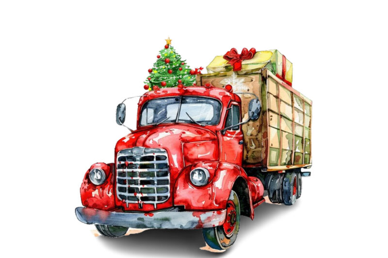 Watercolor Christmas truck with gift box Clipart