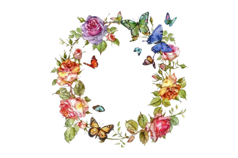 Watercolor Colorful Spring Rose Floral Circle Border