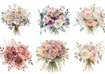 Watercolor Dusty Wedding Rose Bouquet Clipart