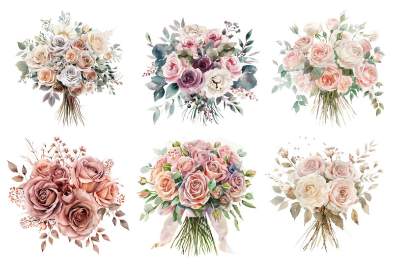 Watercolor Dusty Wedding Rose Bouquet Clipart