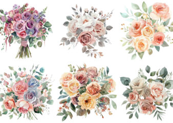 Watercolor Dusty Wedding Rose Bouquet Clipart