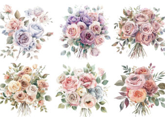 Watercolor Dusty Wedding Rose Bouquet Clipart