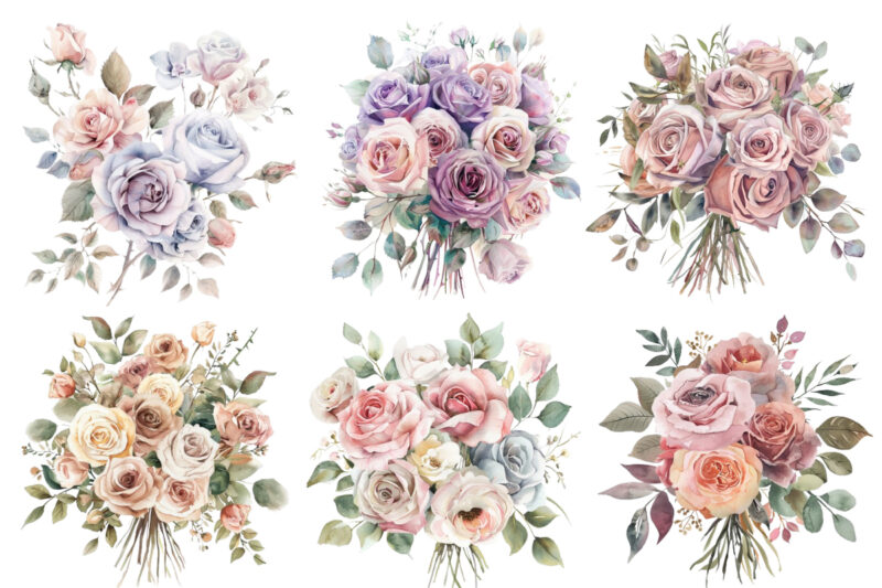 Watercolor Dusty Wedding Rose Bouquet Clipart