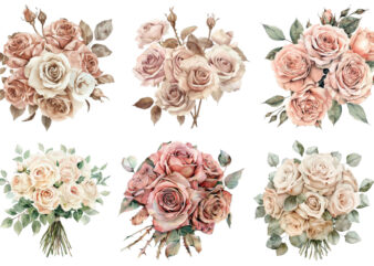 Watercolor Dusty Wedding Rose Bouquet Clipart