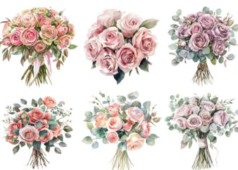 Watercolor Dusty Wedding Rose Bouquet Clipart