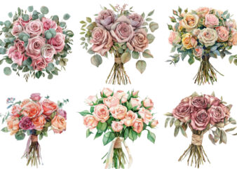 Watercolor Dusty Wedding Rose Bouquet Clipart