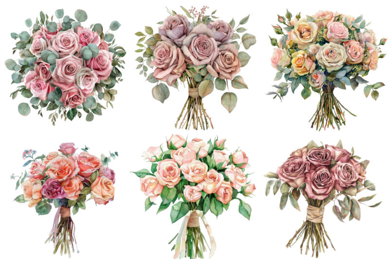 Watercolor Dusty Wedding Rose Bouquet Clipart