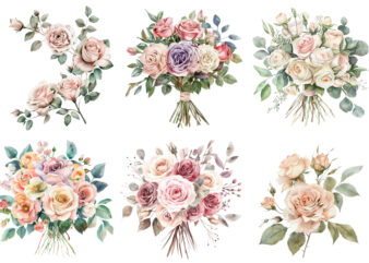 Watercolor Dusty Wedding Rose Bouquet Clipart