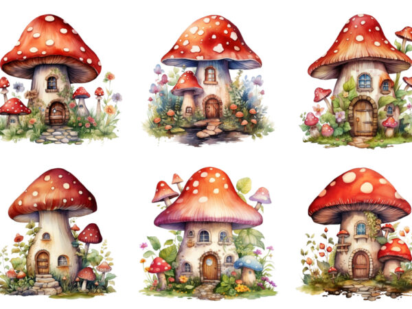 Watercolor fairy house in mushroom clipart t shirt design for sale