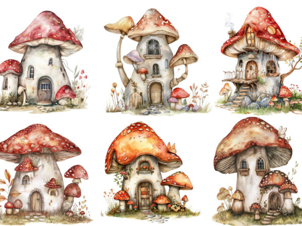 Watercolor fairy house in mushroom clipart t shirt design for sale