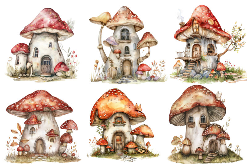 Watercolor Fairy House in Mushroom Clipart