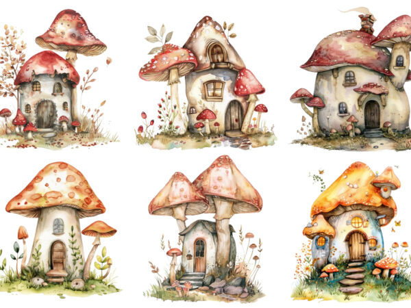 Watercolor fairy house in mushroom clipart t shirt design for sale