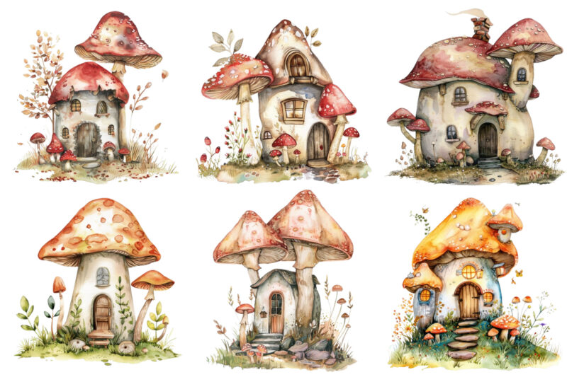 Watercolor Fairy House in Mushroom Clipart