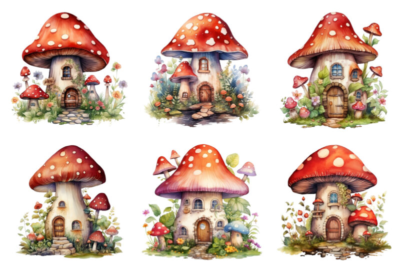 Watercolor Fairy House in Mushroom Clipart