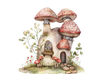 Watercolor Fairy House in Mushroom Clipart t shirt design for sale