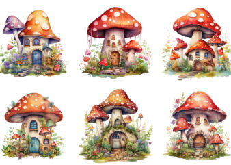 Watercolor Fairy House in Mushroom Clipart t shirt design for sale