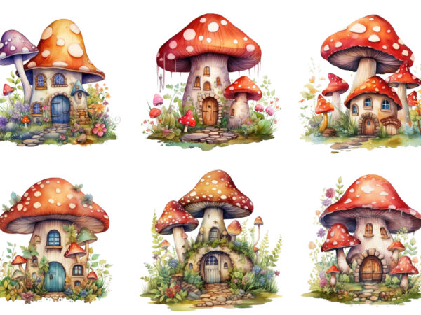 Watercolor fairy house in mushroom clipart t shirt design for sale