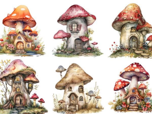 Watercolor fairy house in mushroom clipart t shirt design for sale