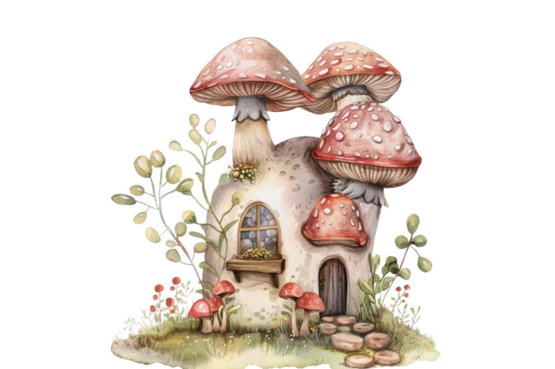 Watercolor Fairy House in Mushroom Clipart