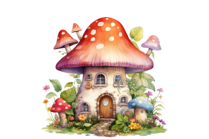 Watercolor Fairy House in Mushroom Clipart