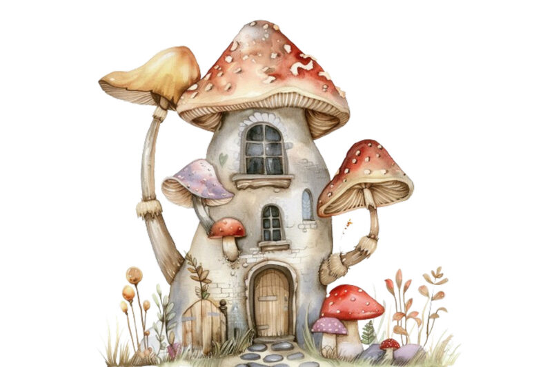 Watercolor Fairy House in Mushroom Clipart