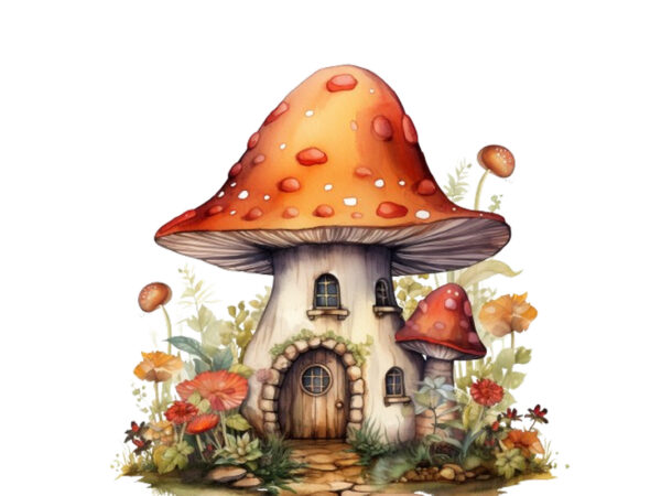 Watercolor fairy house in mushroom clipart t shirt design for sale