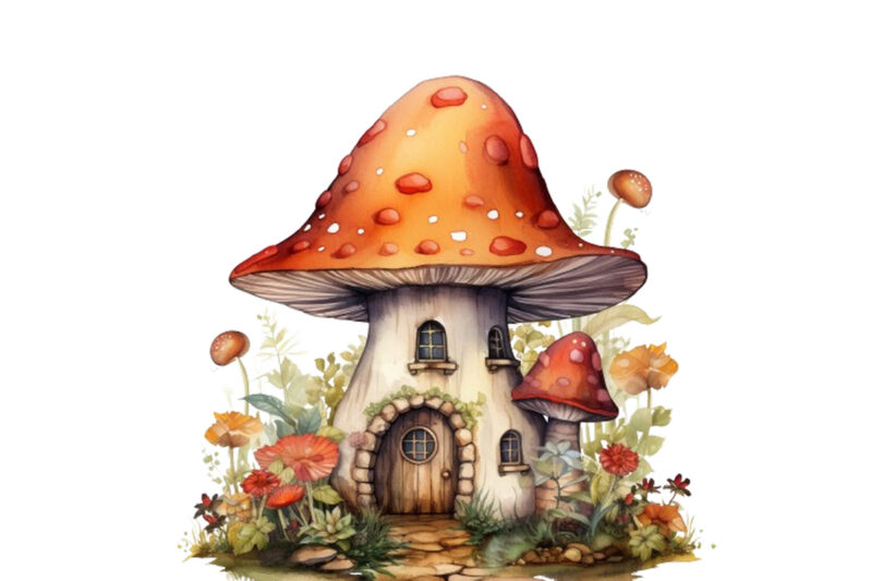 Watercolor Fairy House in Mushroom Clipart