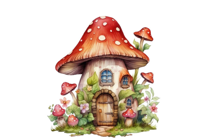 Watercolor Fairy House in Mushroom Clipart