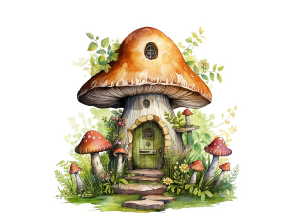 Watercolor fairy house in mushroom clipart t shirt design for sale