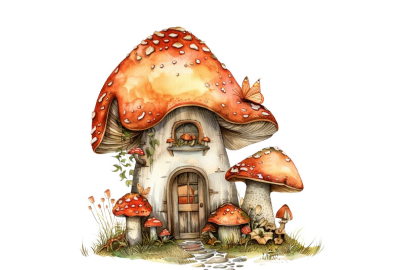 Watercolor Fairy House in Mushroom Clipart