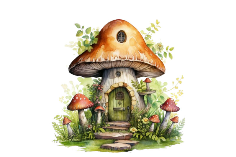 Watercolor Fairy House in Mushroom Clipart