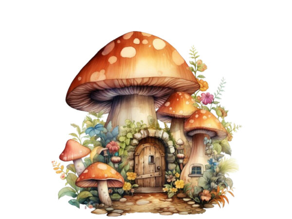 Watercolor fairy house in mushroom clipart t shirt design for sale