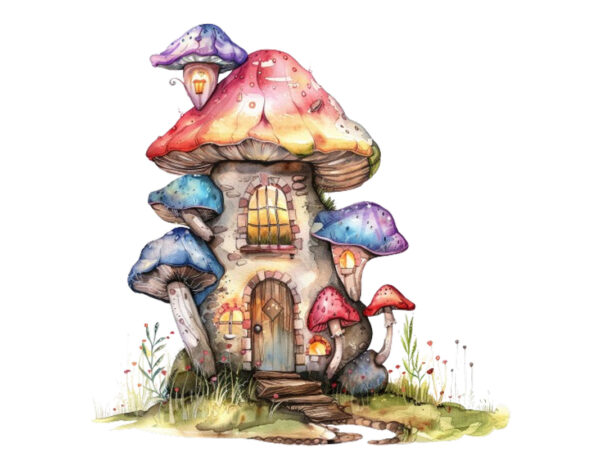 Watercolor fairy house in mushroom clipart t shirt design for sale