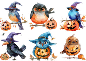 Watercolor Funny Halloween Bird Clipart