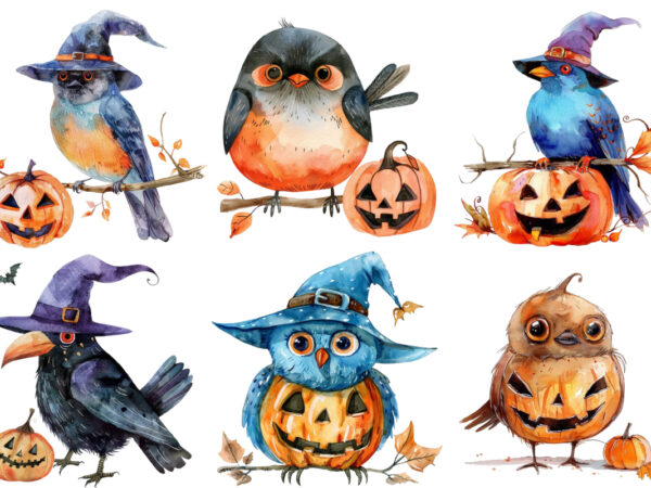 Watercolor funny halloween bird clipart t shirt design for sale